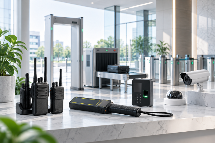 Security screening and communication equipment installed in a building lobby